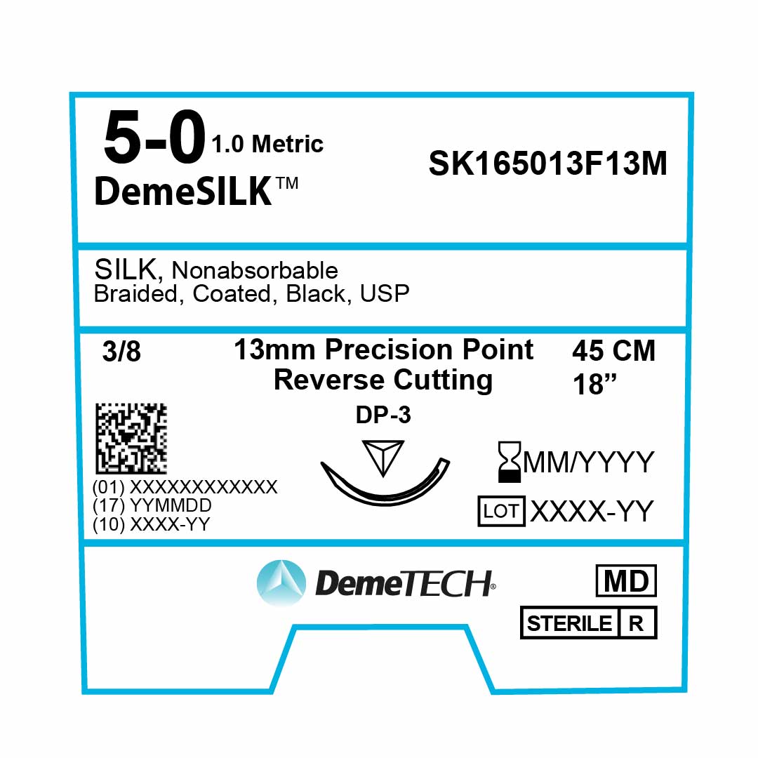 DemeTECH Silk, 5-0, 18", DP-3 Non-Absorbable Suture, Precision Point Reverse Cutting, Black 12/Box