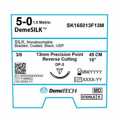 DemeTECH Silk, 5-0, 18", DP-3 Non-Absorbable Suture, Precision Point Reverse Cutting, Black 12/Box