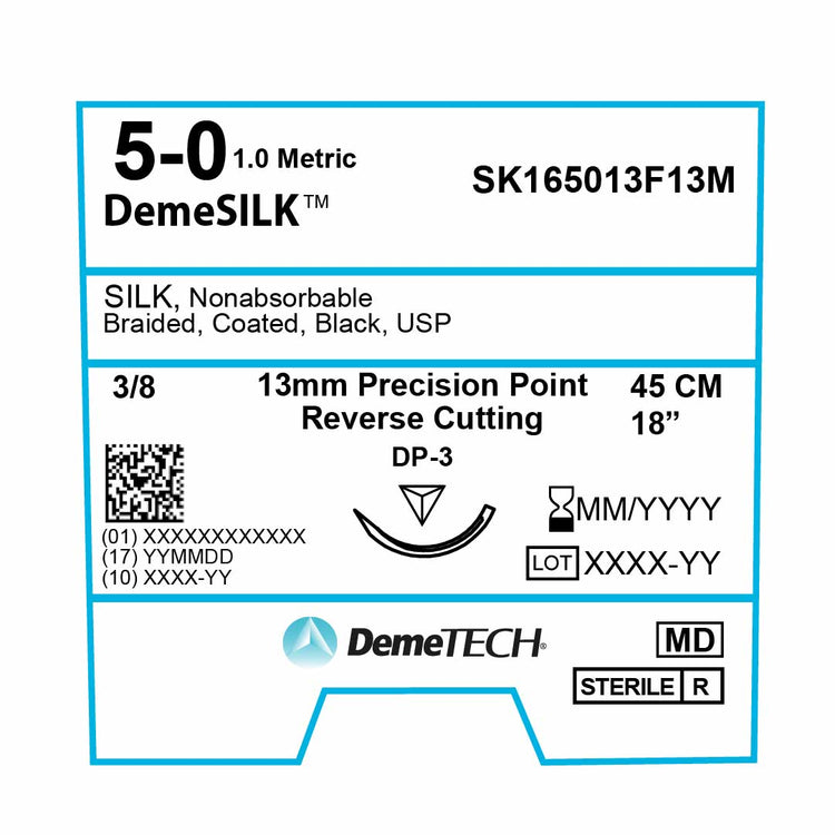 DemeTECH Silk, 5-0, 18", DP-3 Non-Absorbable Suture, Precision Point Reverse Cutting, Black 12/Box