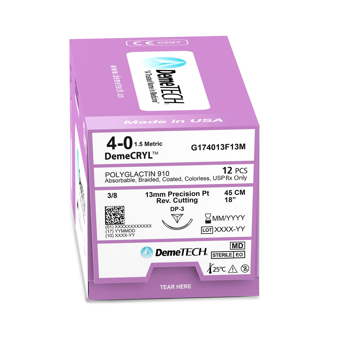 DemeTECH Polyglactin 910, 4-0, 18", DP-3 Synthetic Absorbable Suture, Braided, Precision Point Reverse Cutting, Undyed 12/Box
