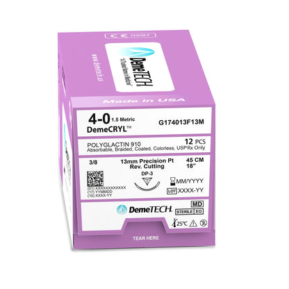 DemeTECH Polyglactin 910, 4-0, 18", DP-3 Synthetic Absorbable Suture, Braided, Precision Point Reverse Cutting, Undyed 12/Box