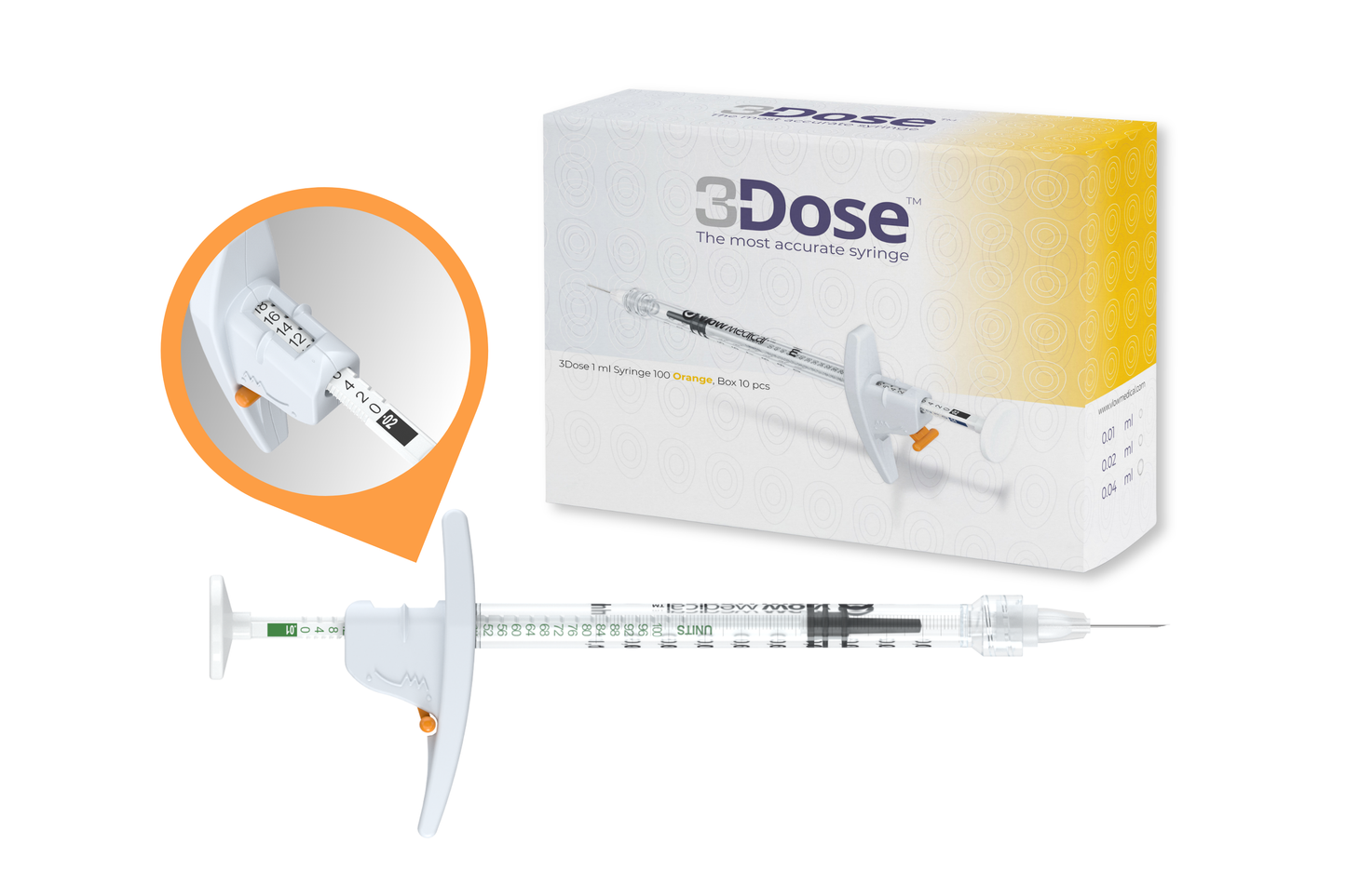 3Dose™ Precision LDS Syringe - Orange(0.01, 0.02, 0.04mL)