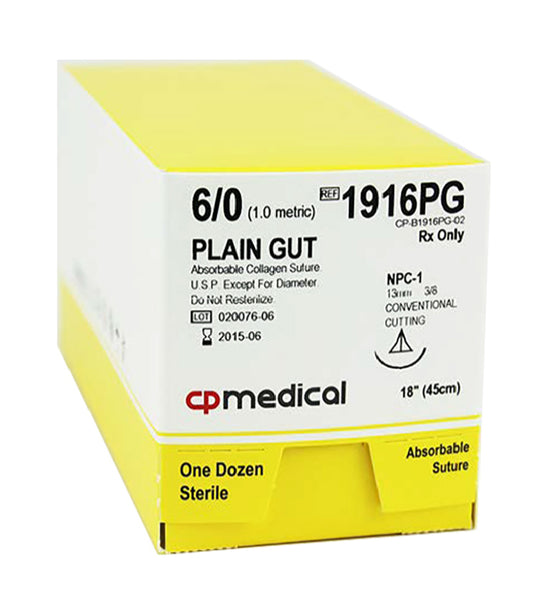 CP Medical 1916PG Plain Gut, 6-0, Absorbable Suture, PC-1, 18"