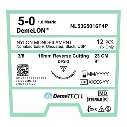 DemeTECH 9" Nylon Monofilament 5-0 Non-Absorbable DFS-3 Suture