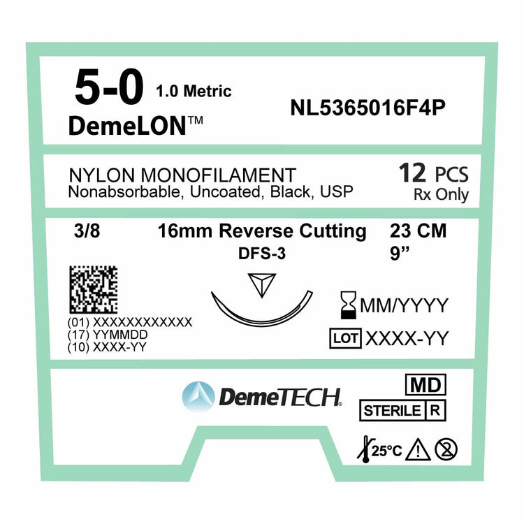 DemeTECH 9" Nylon Monofilament 5-0 Non-Absorbable DFS-3 Suture