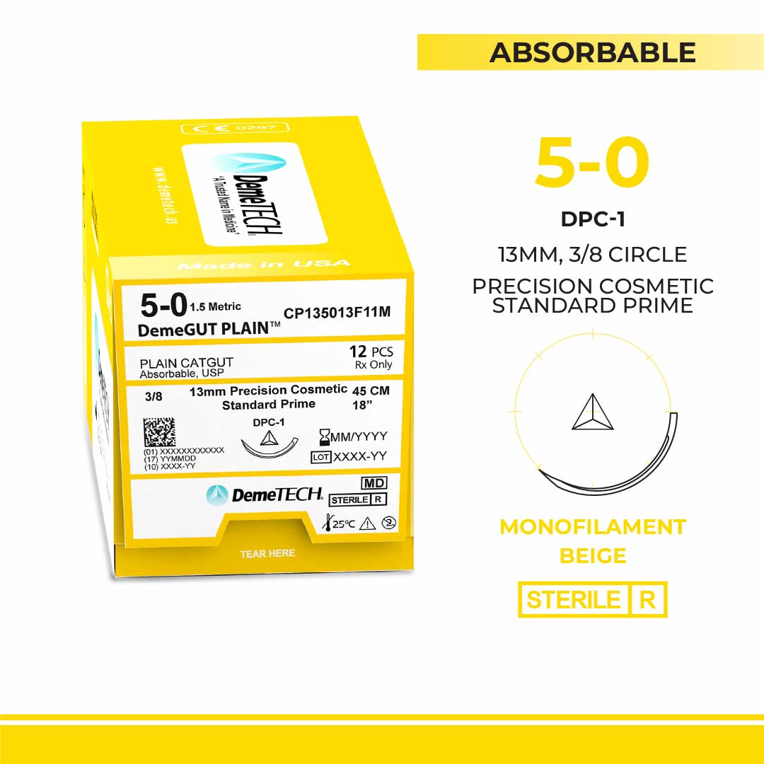 DemeTECH Plain Gut, 5-0, 18", DPC-1 Absorbable Suture, Beige 12/Box