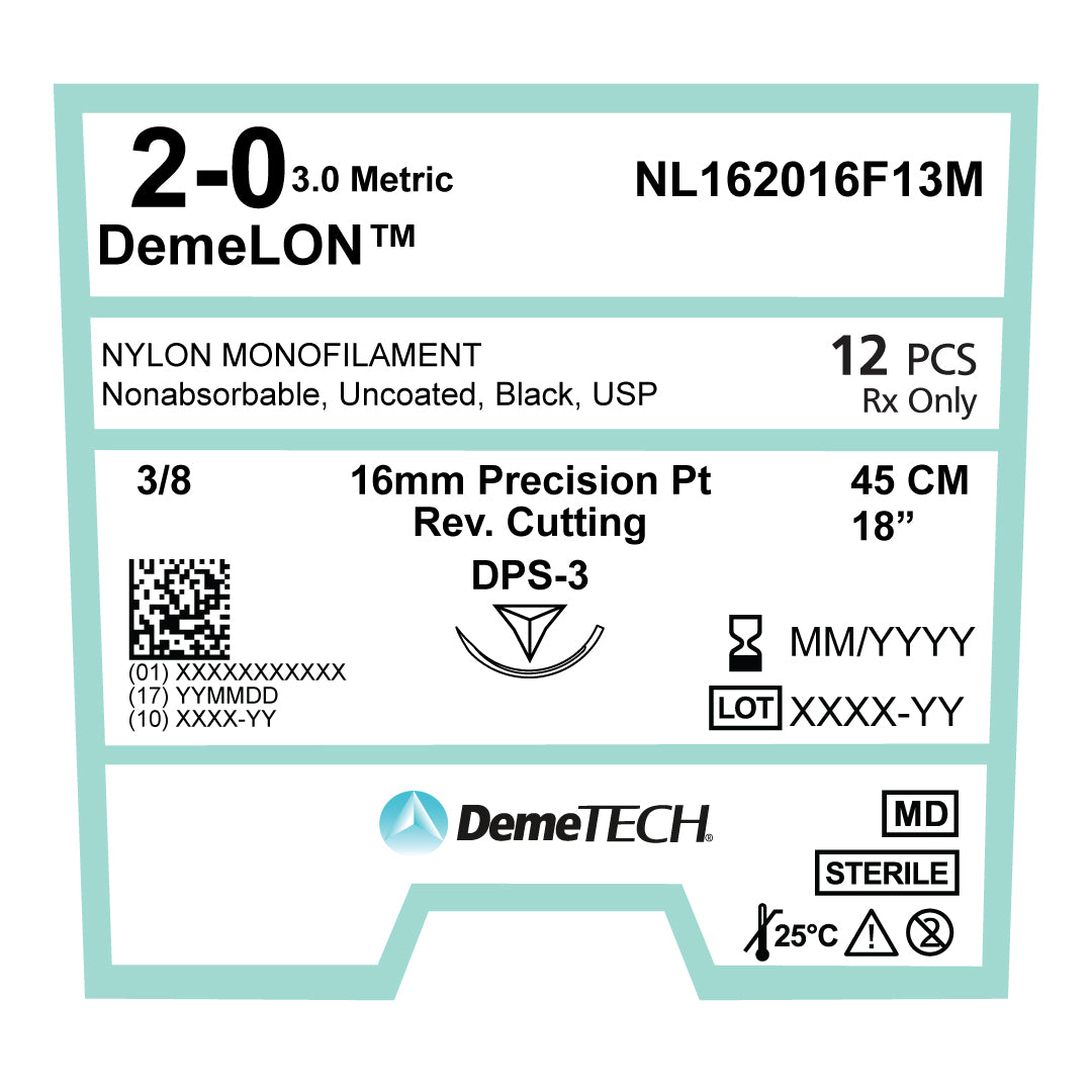 DemeTECH 18" Nylon Monofilament 2-0 Non-Absorbable DPS-3 Black Suture 12/Box