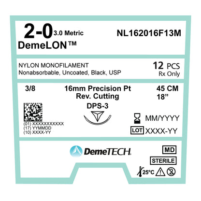 DemeTECH 18" Nylon Monofilament 2-0 Non-Absorbable DPS-3 Black Suture 12/Box