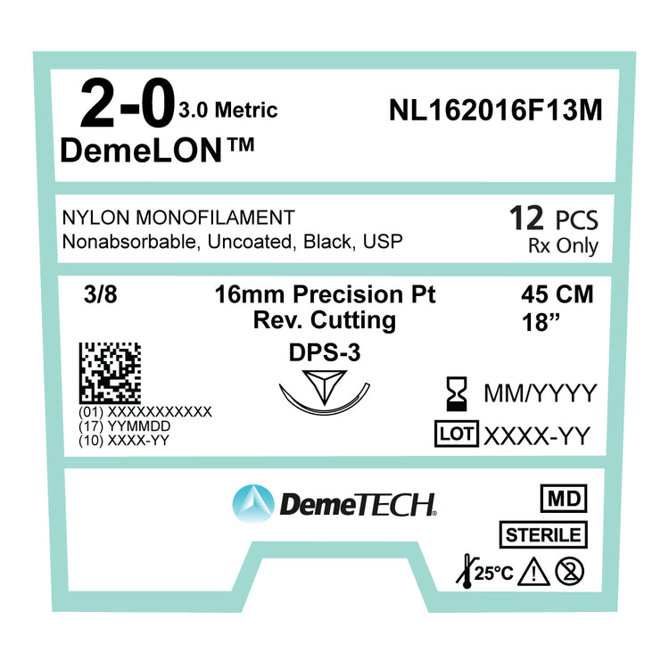 DemeTECH 18" Nylon Monofilament 2-0 Non-Absorbable DPS-3 Black Suture 12/Box