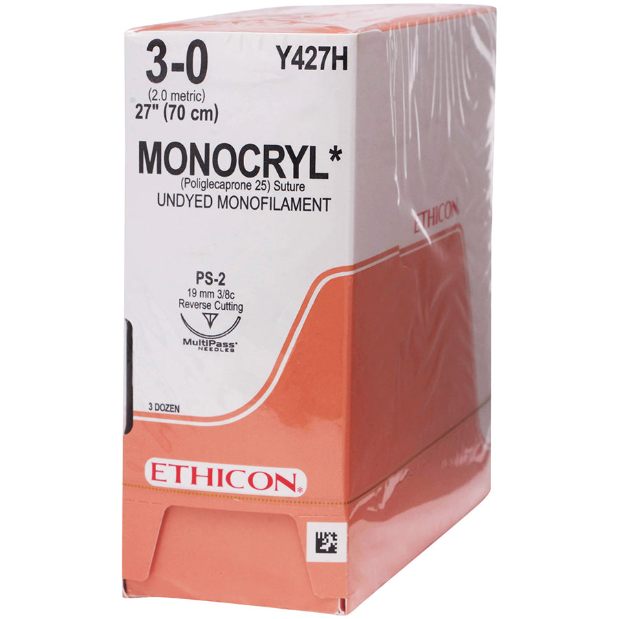 Ethicon Y427H Monocryl Suture, Undyed Monofilament, 3-0, Non-Absorbable, PS-2, 27"