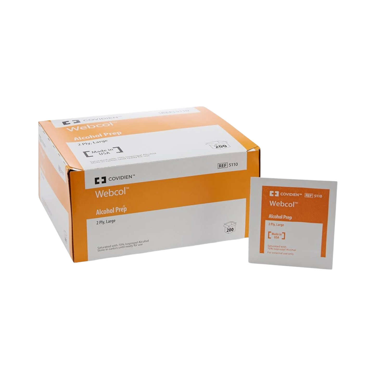 Coviden 5110 Webcol Alcohol Prep Pads, Sterile, Large, Box of 200