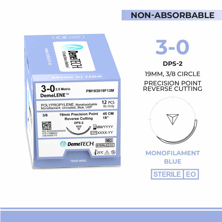 DemeTECH Polypropylene, 3-0, 18", DPS-2 Non-Absorbable Suture, Precision Point Reverse Cutting, Blue 12/Box