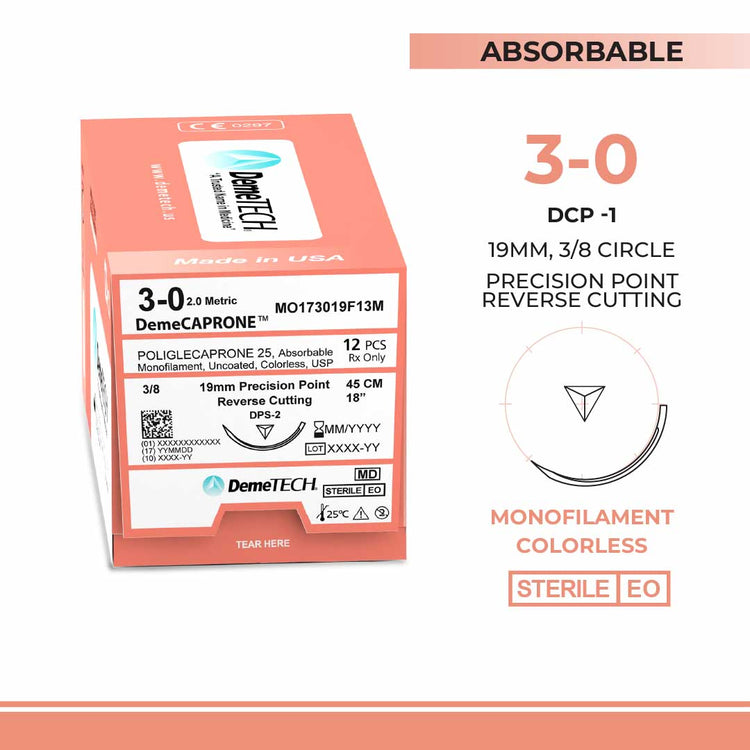 DemeTECH Poliglecaprone 25` (PGCL), 3-0, 18", DPS-2 Absorbable Suture, Precision Cosmetic Standard Prime, Undyed 12/Box