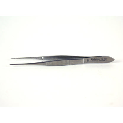 Delasco G-10 Semken Iris Forceps 4 in Straight 1mm 1x2 Teeth