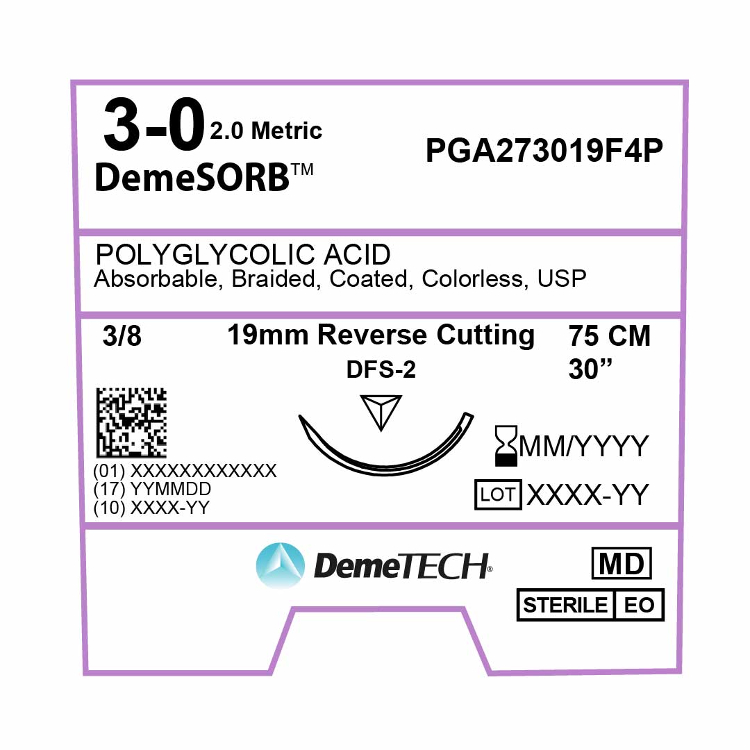 DemeTECH Polyglycolic Acid (PGA), 3-0, 30", DFS-2 Synthetic Absorbable Suture, Precision Point Reverse Cutting, Undyed 12/Box