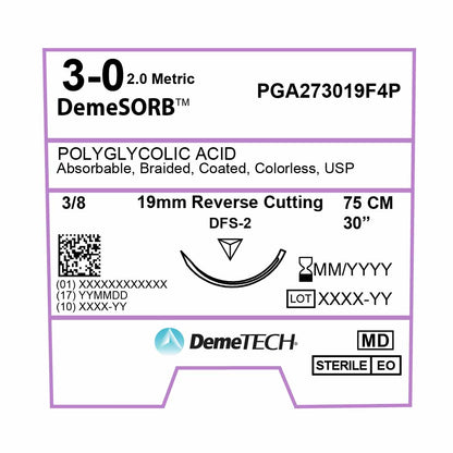 DemeTECH Polyglycolic Acid (PGA), 3-0, 30", DFS-2 Synthetic Absorbable Suture, Precision Point Reverse Cutting, Undyed 12/Box