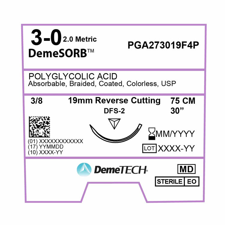 DemeTECH Polyglycolic Acid (PGA), 3-0, 30", DFS-2 Synthetic Absorbable Suture, Precision Point Reverse Cutting, Undyed 12/Box