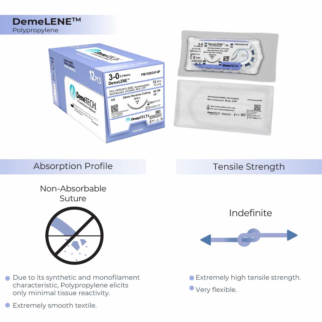 DemeTECH Polypropylene, 4-0, 18", DFS-2 Non-Absorbable Suture, Precision Point Reverse Cutting, Blue 12/Box