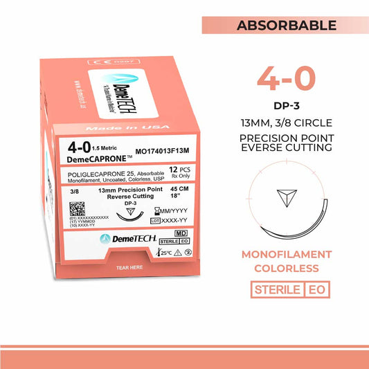 DemeTECH Poliglecaprone 25` (PGCL), 4-0, 18", DP-3 Absorbable Suture, Reverse Cutting, Undyed 12/Box