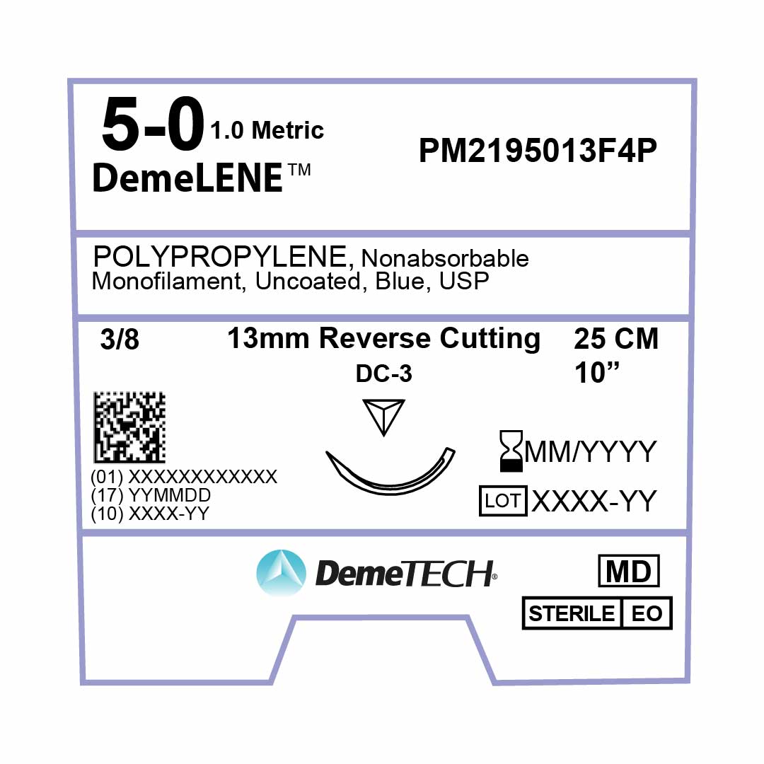 DemeTECH Polypropylene, 5-0, 10", DC-3 Non-Absorbable Suture, Reverse Cutting, Blue 12/Box