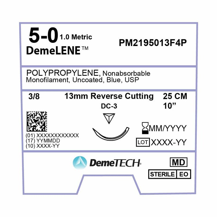 DemeTECH Polypropylene, 5-0, 10", DC-3 Non-Absorbable Suture, Reverse Cutting, Blue 12/Box