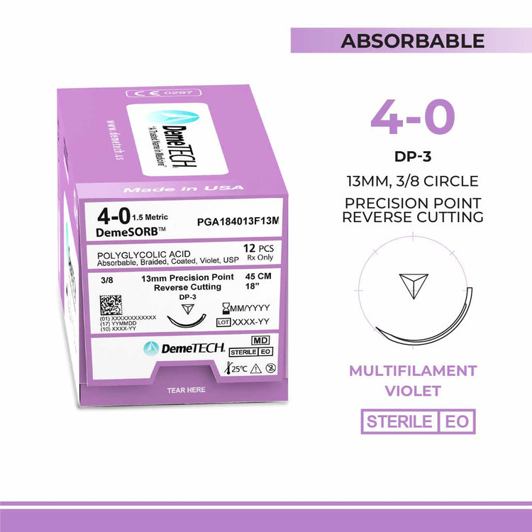 DemeTECH Polyglycolic Acid (PGA), 4-0, 18", DP-3 Synthetic Absorbable Suture, Precision Point Reverse Cutting, Violet 12/Box