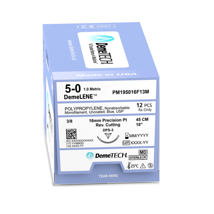 DemeLENE , Polypropylene Suture, Synthetic Non-absorbable, DPS-3, 16mm, 3/8 Circle, Precision Point Reverse Cutting Needle, Blue, USP Size 5-0, 18 inches, (45cm), 1DZ/BX