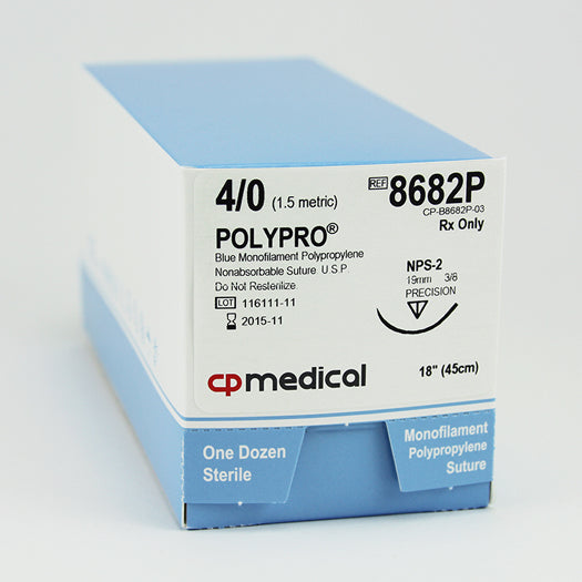 CP Medical 8682P Polypropylene, Monofilament, 4-0, Non-Absorbable Suture, PS-2, Blue, 18"